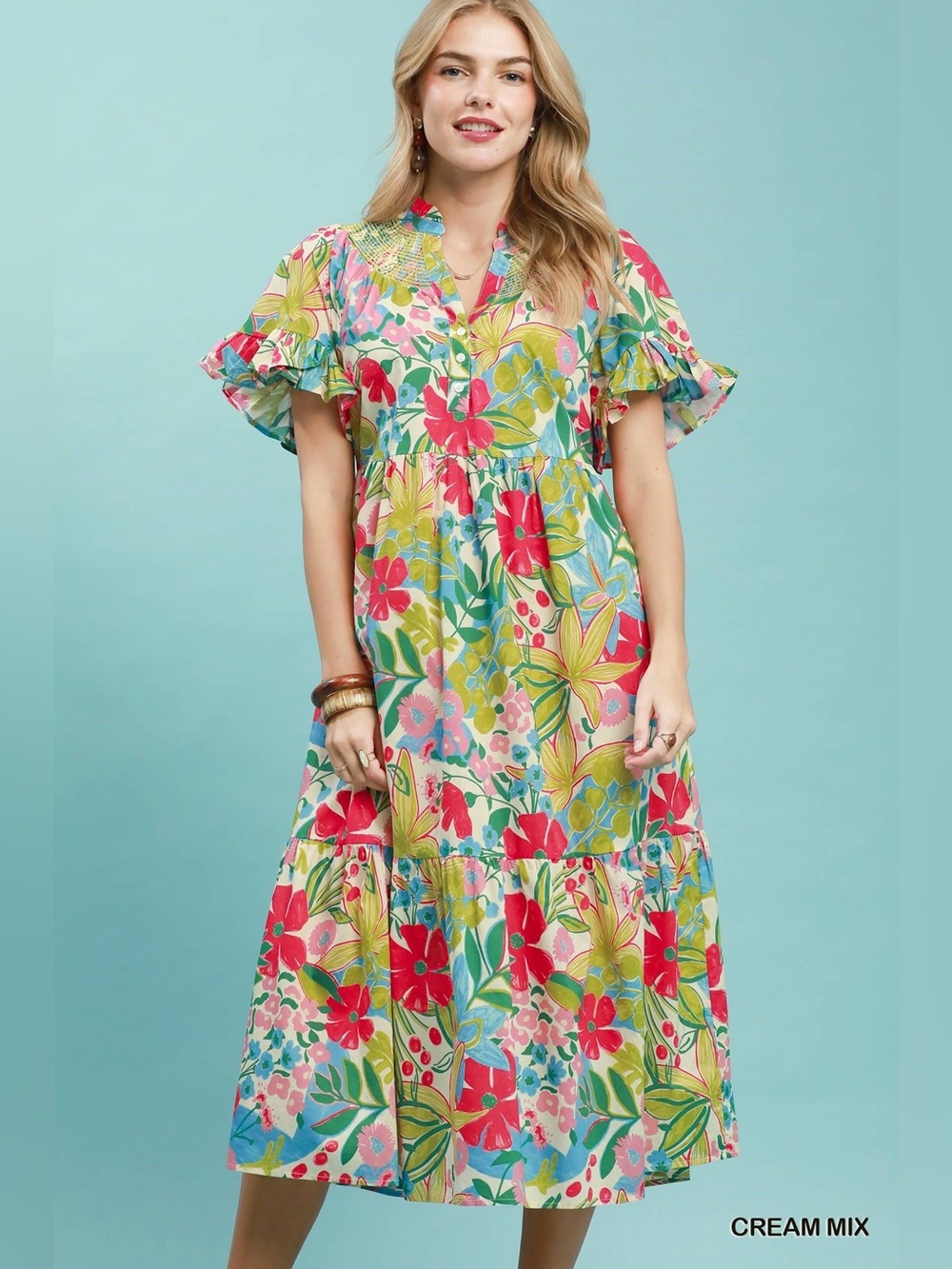 Umgee Tropical Floral Ruffle Sleeve Tiered Midi Dress